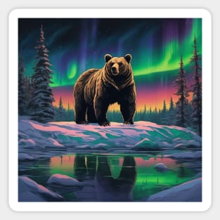 Brown Bear with Forest and Borealis, Colorful, Beautiful Sticker